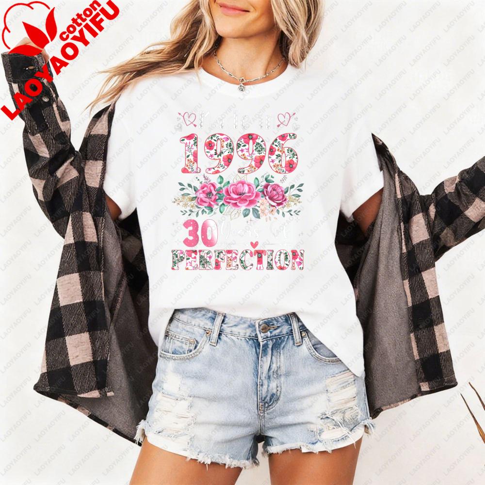 Made in 1996 T Shirt Women 30 Years of Perfection Floral Graphic Tee 30th Birthday Gift Cotton Short Sleeve O Neck Tops