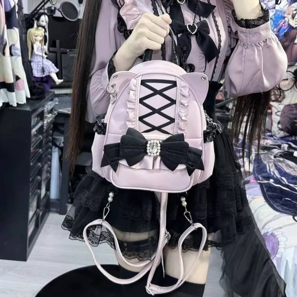 New Fashion Cute Cat Ear Backpacks Lace Bow Decoration Sweet Women Y2K Punk Knapsack Lolita Girls Large Capacity School Rucksack