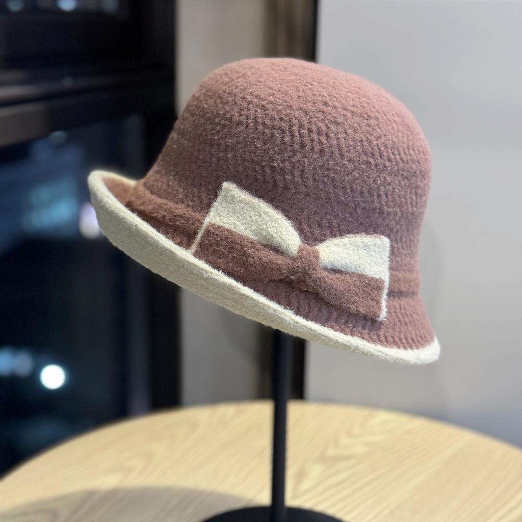 New women's autumn and winter Korean-style two-tone bow fisherman hat, elegant and warm knitted hat for middle-aged and elderly, trendy