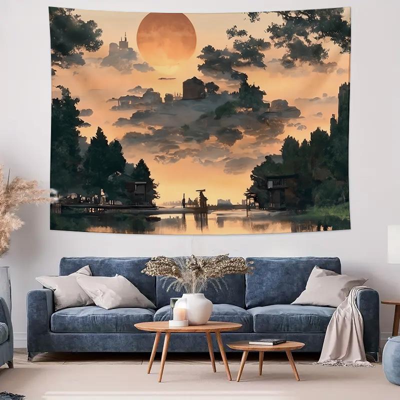 Заколдованный Закат у Озера Пейзаж Подвесная Ткань Романтичный и Эстетичный Декор Дома Настенный Гобелен 74x94cm(29x37in)