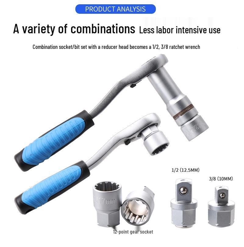 17-Piece Ratchet Socket Set with Bi-Directional Wrench, 12-Point Sockets, Bit Holder, Extension Bar, and Joint Tool.