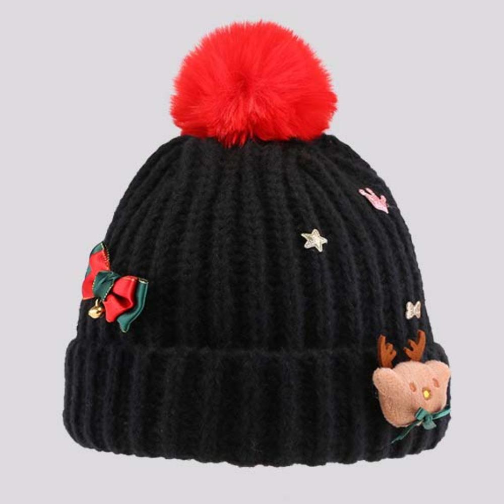 Bow Red Knitted Woolen Hat Warm Thickened Brimless Cap Fashion Big Pullover Hat  Girls