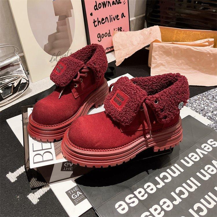 Martin Boots Women's Matte Leather Fur Shoes Two Wear Flip Yellow Boots Velvet Snow Cotton Boots Tooling Locomotive Boots Short Boots