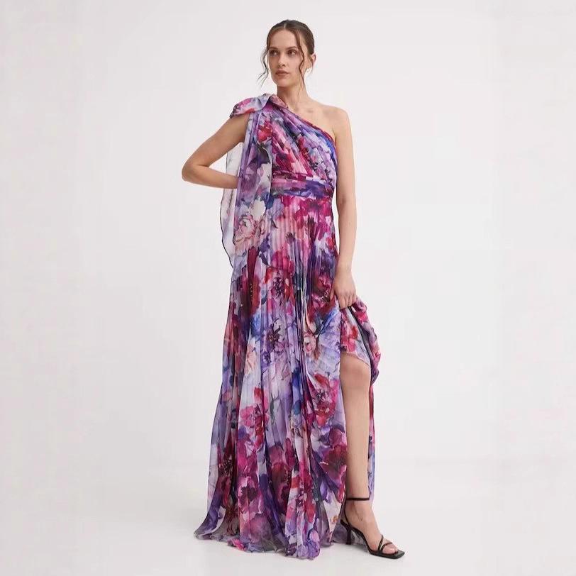 

2025 Европейское и американское богемное платье с открытым плечом, с принтом в стиле лолита, расклешенное Small