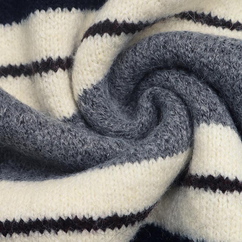2026 Autumn/Winter Loose Striped Long Sleeve Color Block Sweater with Lapel
