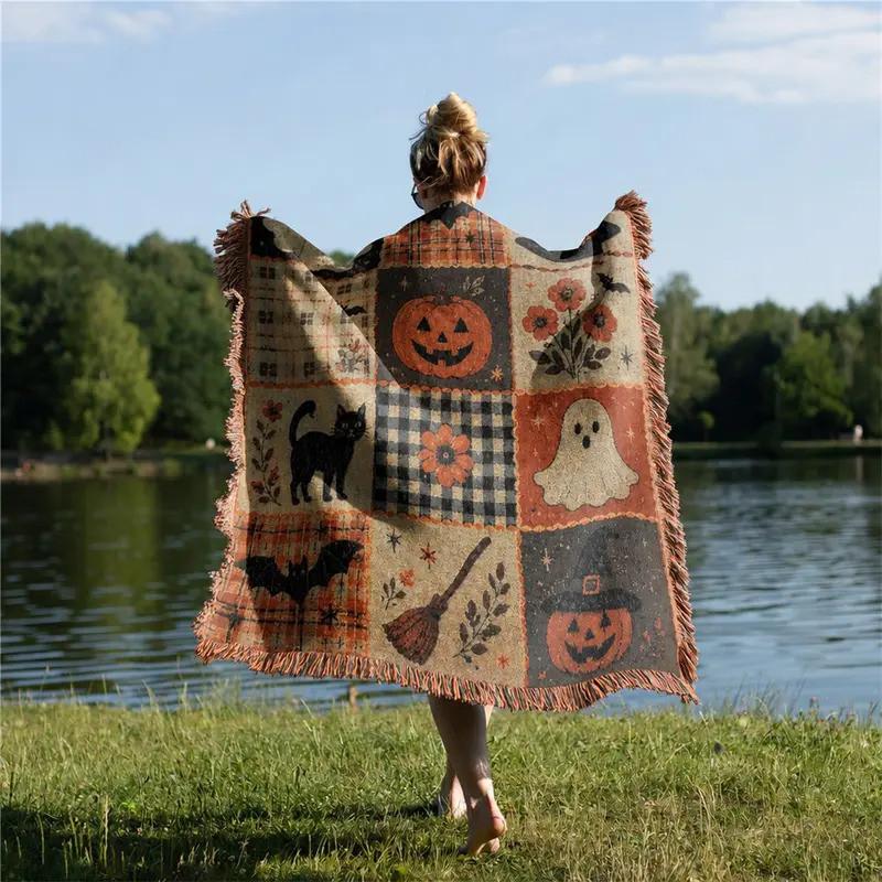 Koc Halloweenowy z Dynią i Duchem, z Wzorem Kreskówkowym, do Salonu i na Kemping