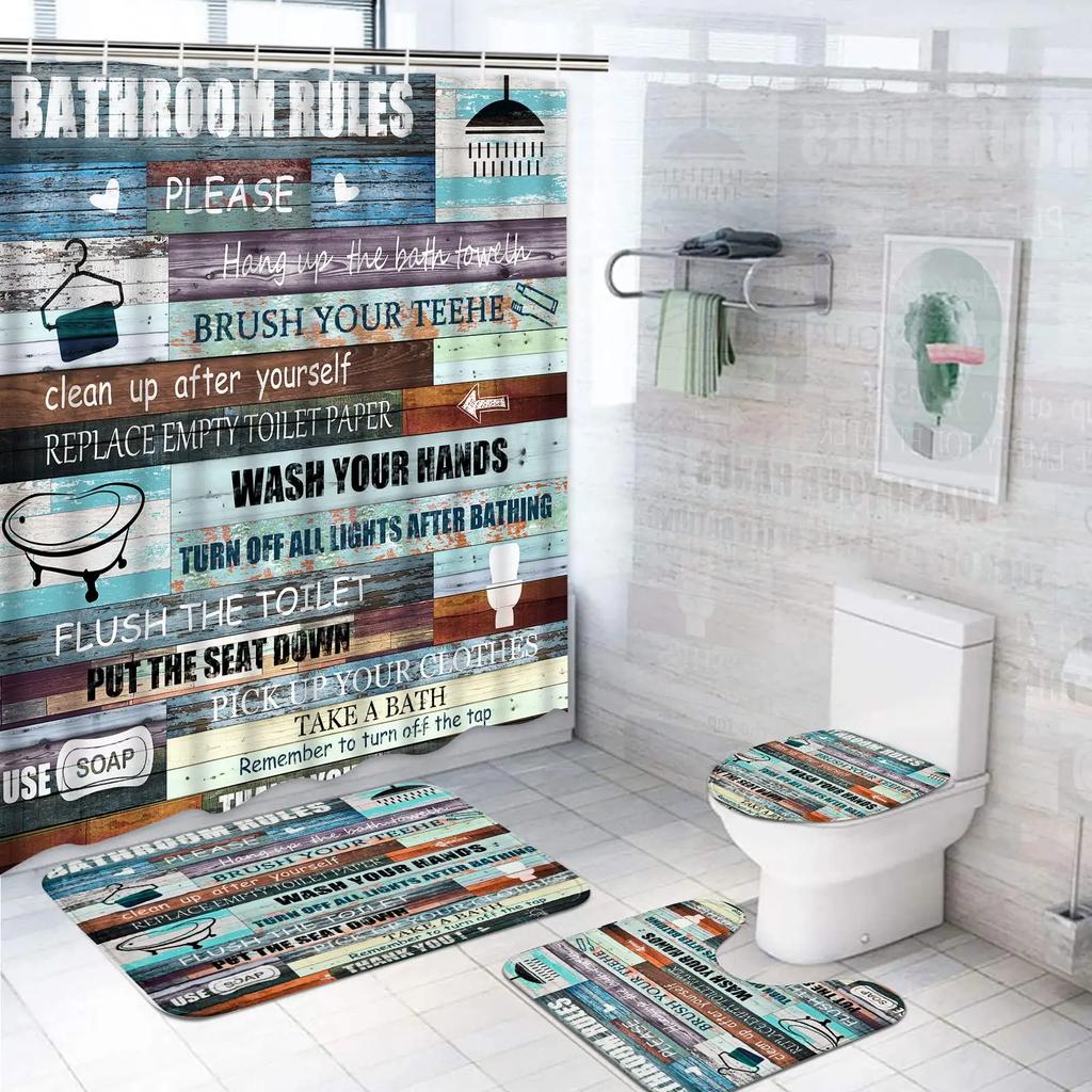 Inspirational Quotes Shower Curtain Set Rug Toilet Lid Cover Bath Mat Vintage Rustic Bathroom Decor Waterproof Wooden Poster
