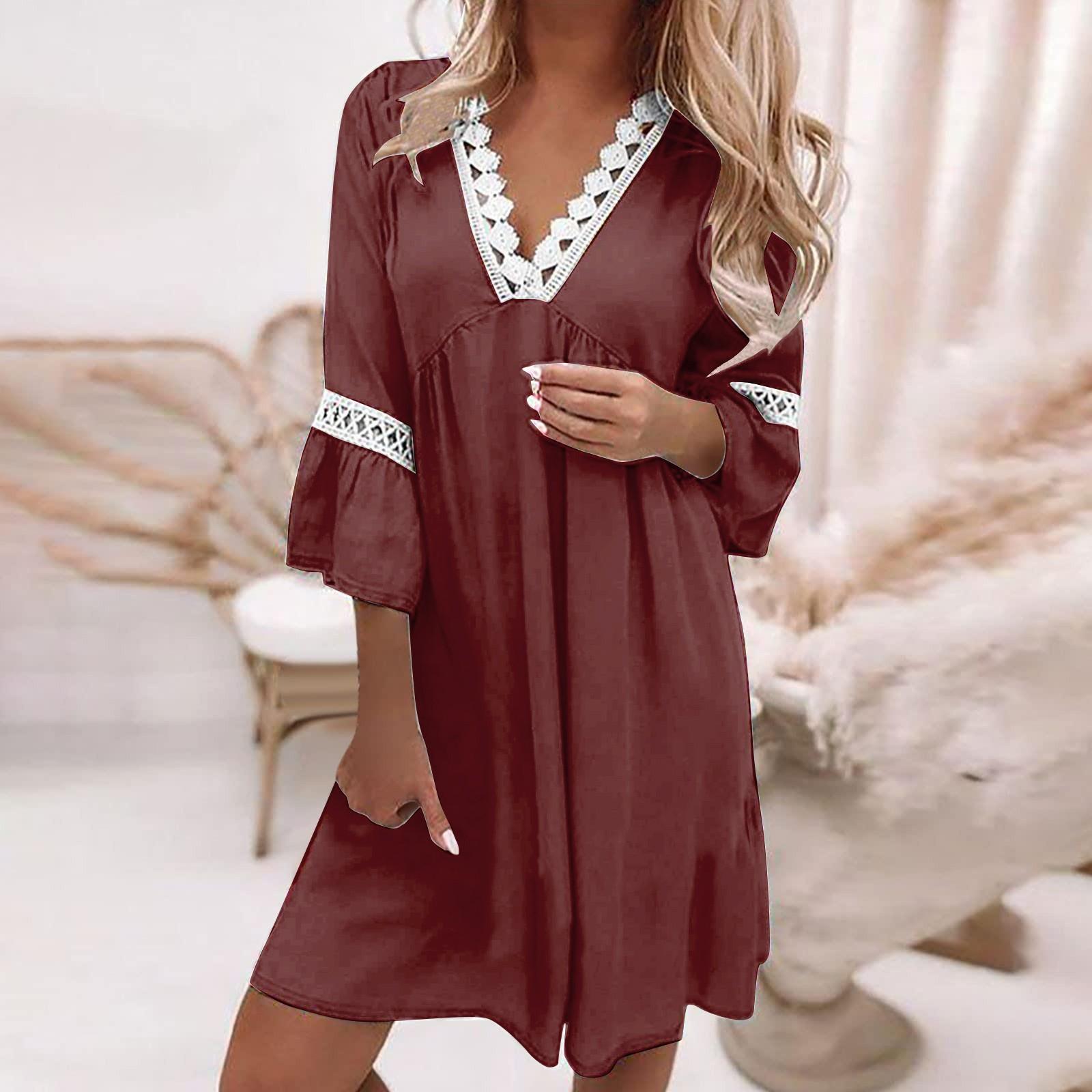 

Модное женское кружевное лоскутное повседневное курортное платье в богемном стиле с v-образным вырезом XL винный