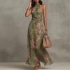 Spring New Women's Clothing, European and American Dresses, Elegant Neck Collar Sleeveless Plant Print Dress