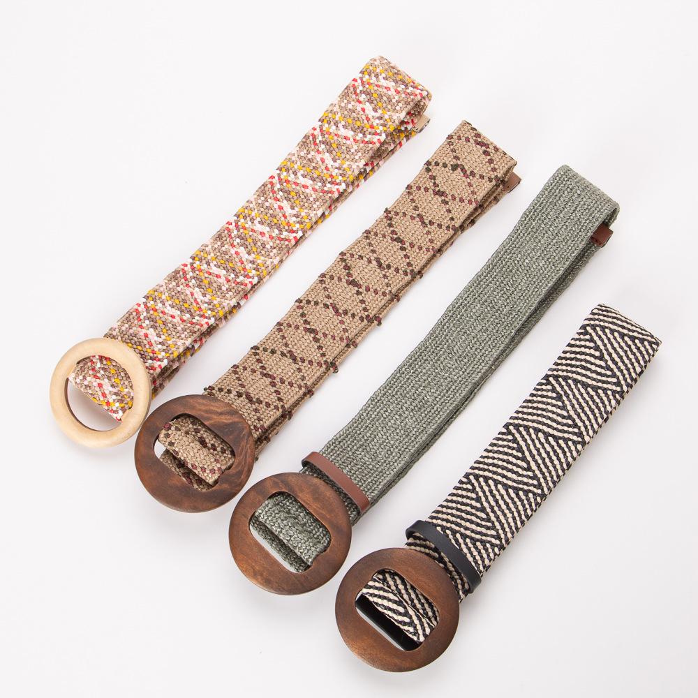 Bohemian Round Wood Buckle Elastic Woven Waist Belt for Women - Summer Dress Accessory