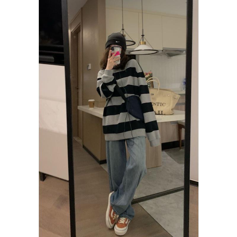 Retro Striped Sweatshirt Women's New Autumn Thin Ins Loose Korean Style Long-sleeved Round Neck Pullover Top Trendy and Fashionable