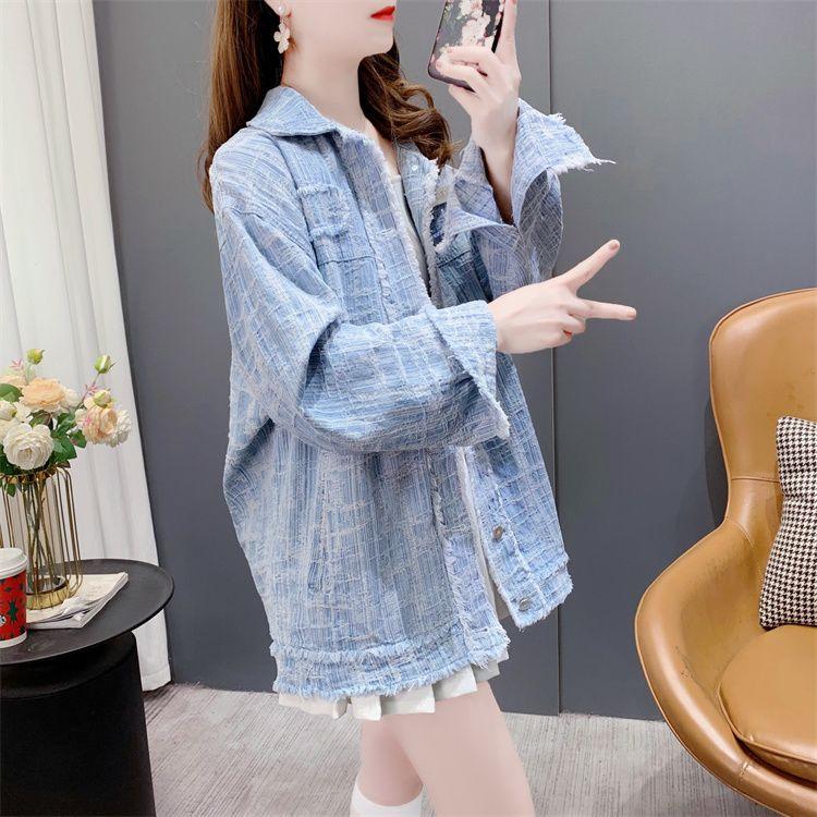 Frühling Damen distressed Jeansjacke lockere Passform Vintage Stil ausgefranster Saum Freizeitmantel