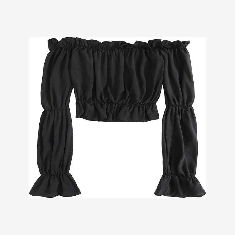 Renaissance Medieval Women s Off-Shoulder Ruffled Trim Puff Long Sleeve Tube Top Crop Shirt. Black XL