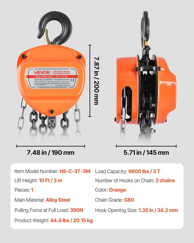 Hand Chain Hoist, 3 Ton Capacity, Manual Chain Block with Upgrade G80 Galvanized Chain, 3 m Lifting Height, Heavy Duty Pulley Hoist for Garage