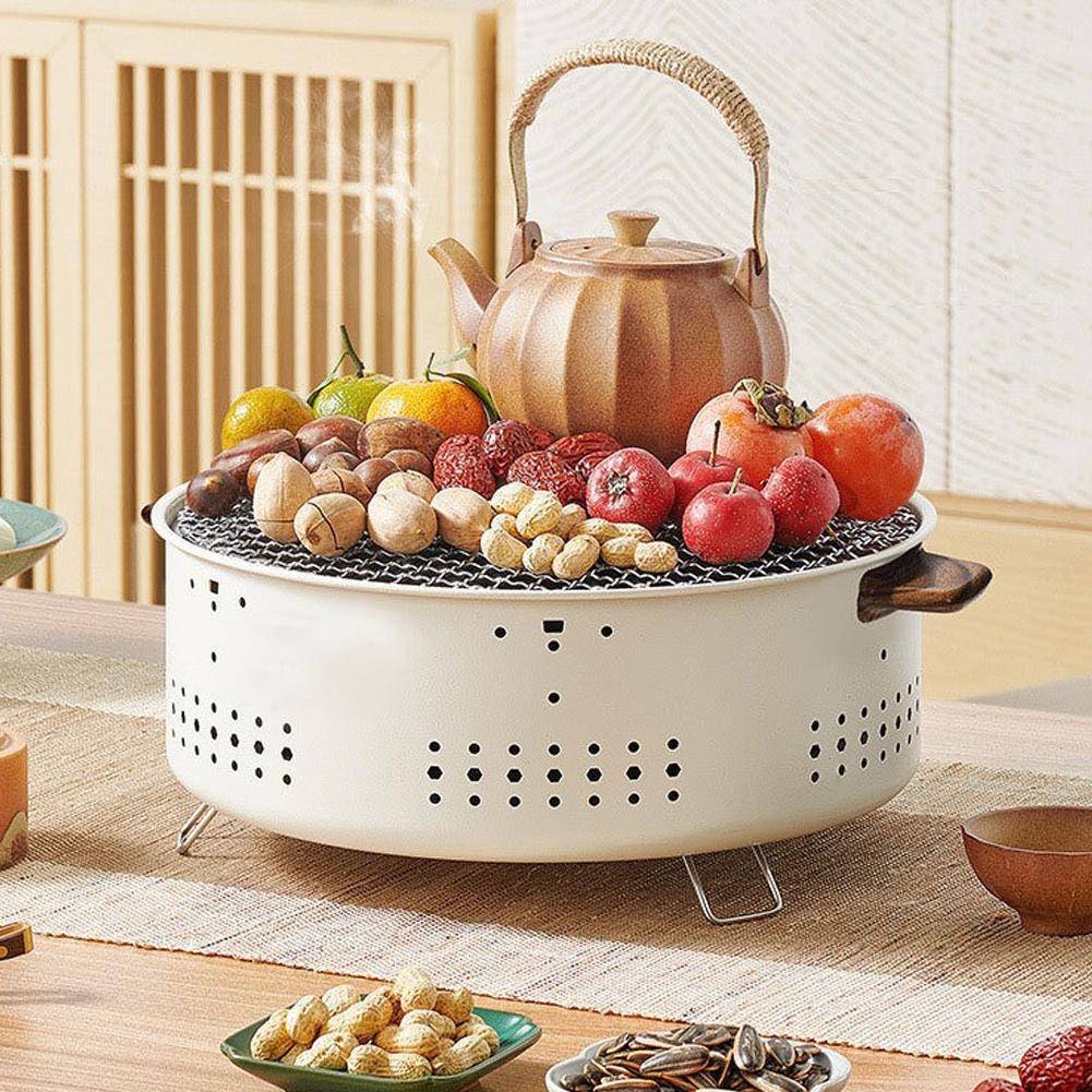 Round Barbecue Stove with Steel Grill Rack Portable Barbecue Grill Round Non-stick Barbecue Rack for Home Outdoor Camping