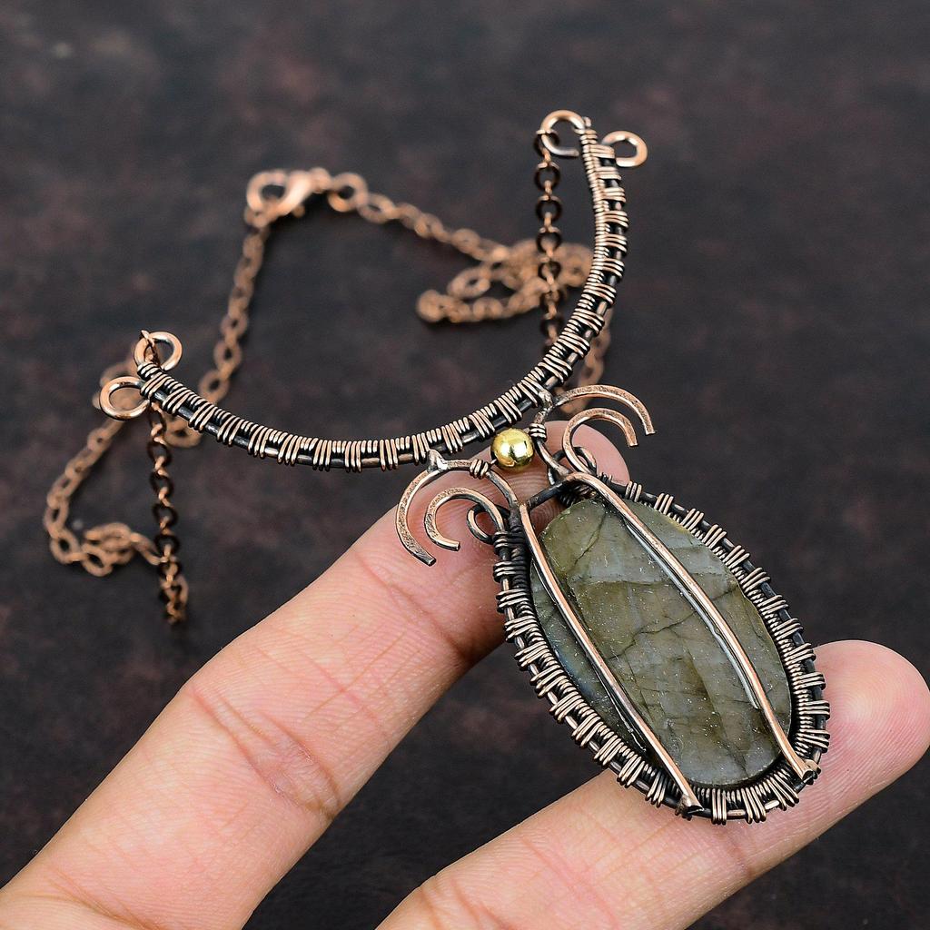 Colier cu Piatră Prețioasă Labradorit Colier Înfășurat cu Sârmă de Cupru Colier Ajustabil Bijuterii din Cupru Colier Făcut Manual Bijuterii de Designer Pentru Cadou
