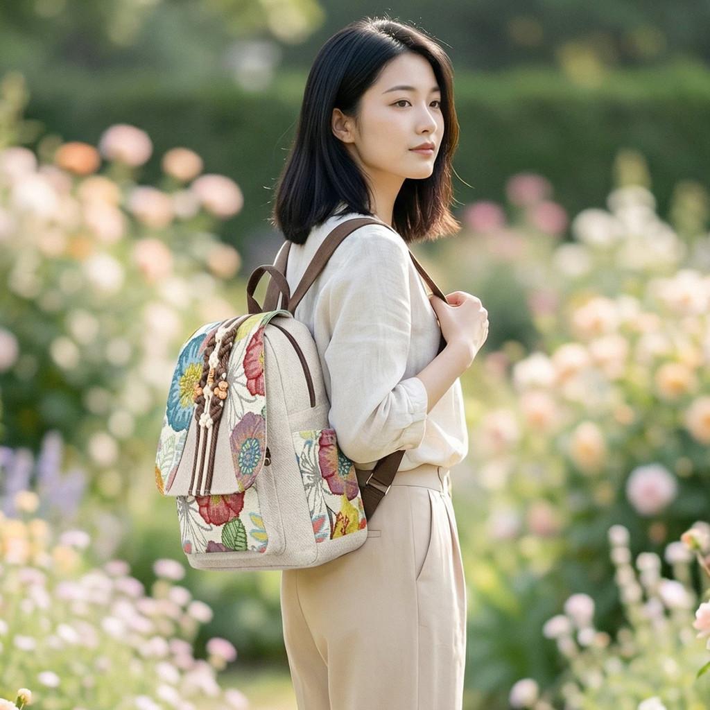Gudaobell Ethnic Embroidery Canvas Backpack With Padded Compartments For Daily Use