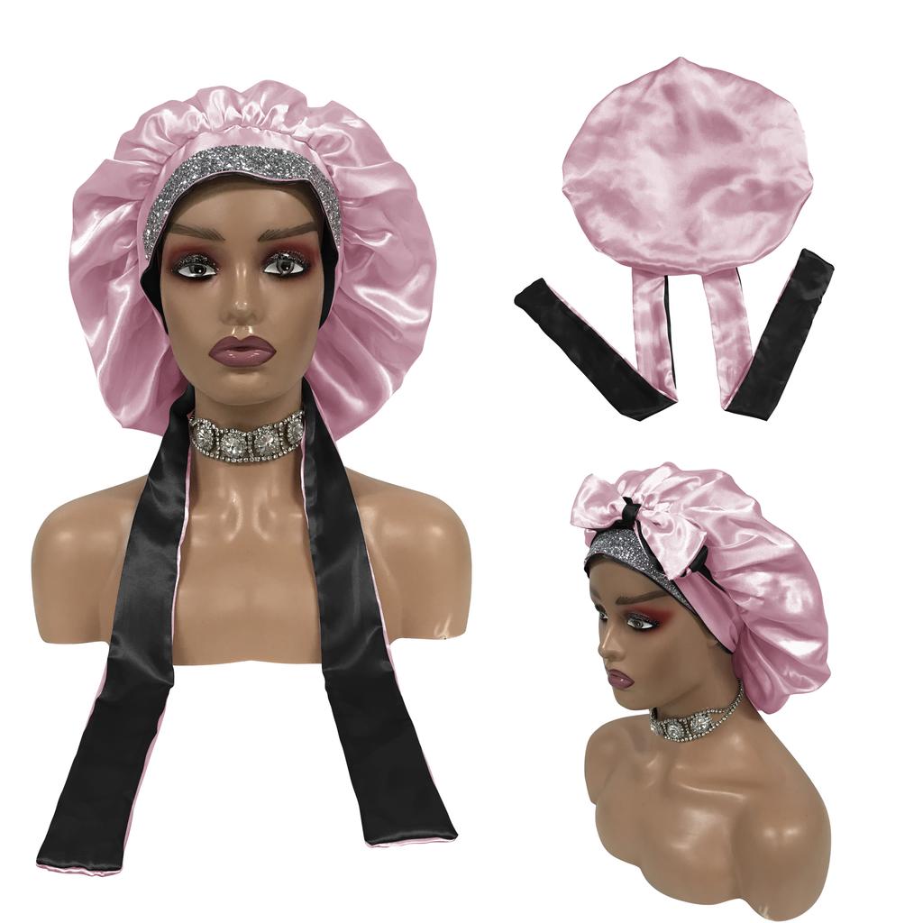 Double Layer Sleeping Bonnet with Diamond Silk Designer Bonnets with Long Tie Satin Hair Bonnet