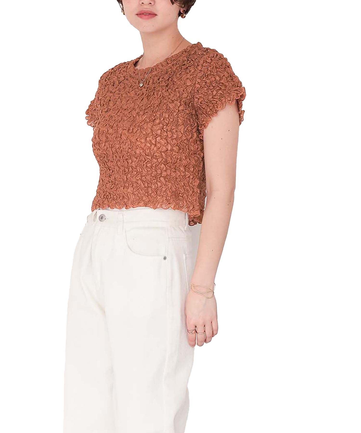 

Titibait Pokopoko Shirred Sheer Top AFXP4324 Free Size Brown Women s