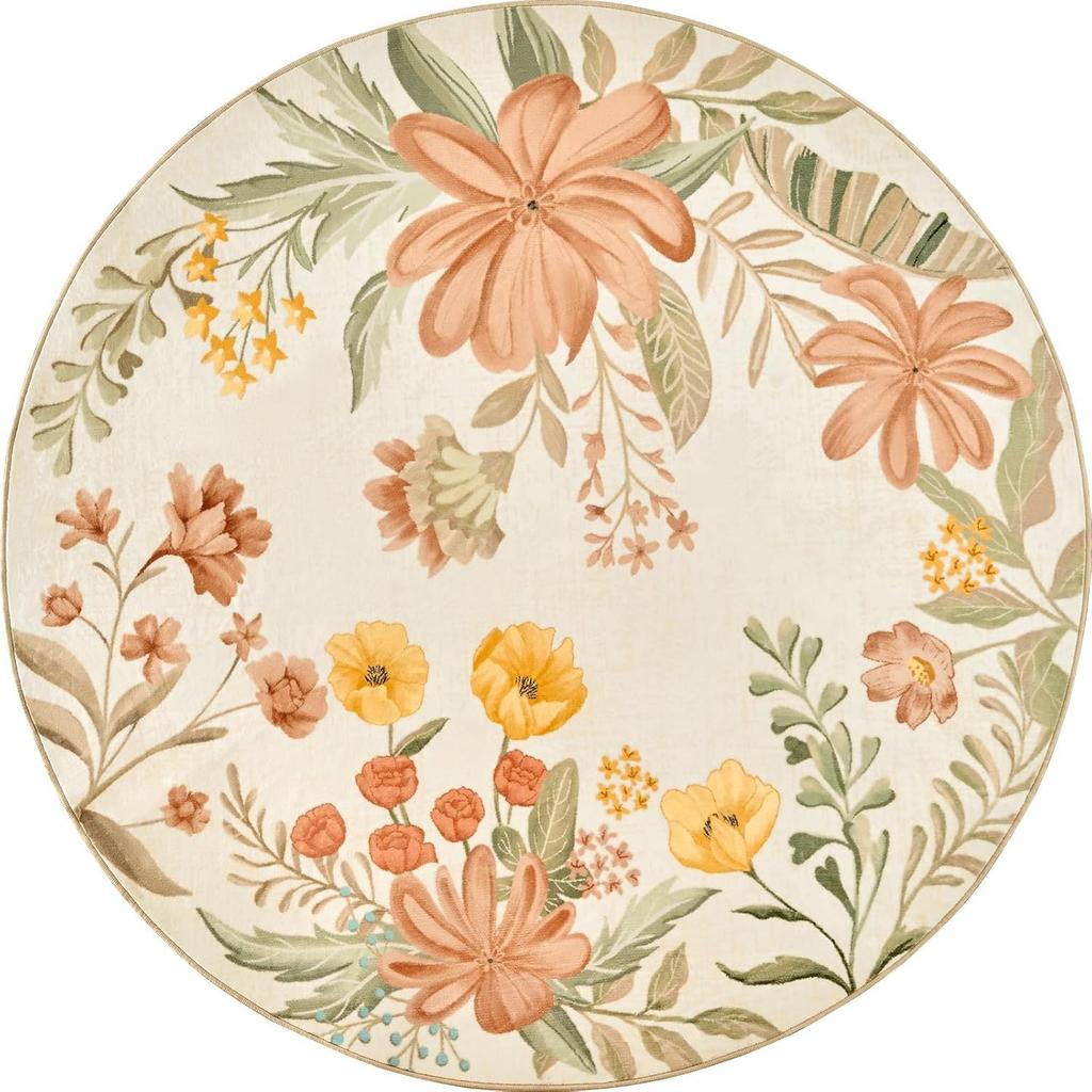 Vintage Floral Round Rugs Indoor Boho Flower Print Living Room Decor Carpet Absorbent Non-slip Soft Mat for Bedroom Home Office