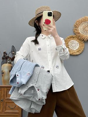Spring 2026 Cartoon Embroidered Long-Sleeve Women's Cotton Gauze Shirt