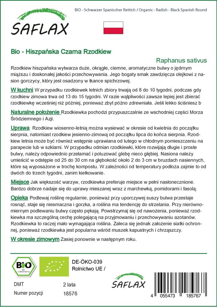 SAFLAX Garden In the Bag - Organic - Radish - Black Spanish Round - 100 Seeds - With Substrate In a Fitting Stand Up Bag - Raphanus Sativus