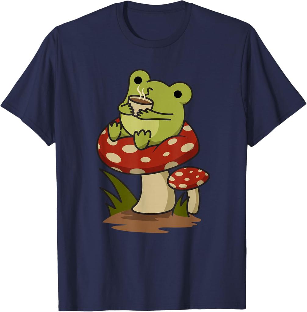 Cute Frog Drinking Coffee on Mushroom Cottagecore Aesthetic Graphic Tee Casual Cotton T-Shirt