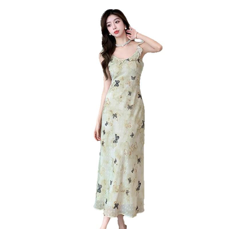 Women's Summer Butterfly Print Ruffle V-Neck Spaghetti Strap Waist-Cinched A-Line Dress
