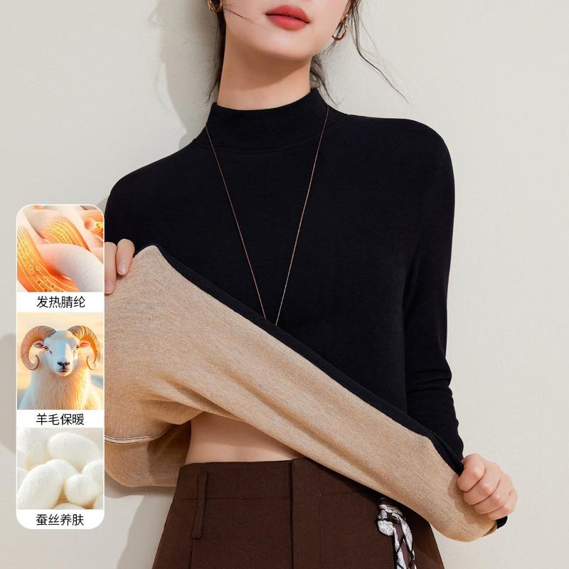 Autumn and Winter Mid-neck Wool Silk Thermal Underwear Women's Thickened Fleece Bottoming Shirt Warm Fleece Heating Autumn Clothes Top