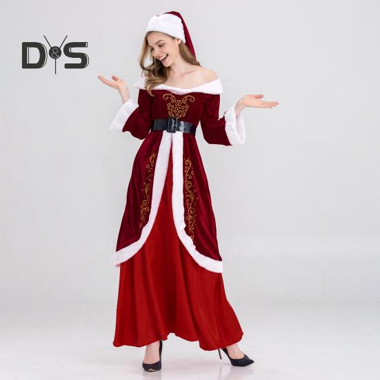 Women Christmas Dress Santa Cosplay Off Shoulder Color Matching Retro Yoyal Style with Belt And Hat A-line Performance Party Festive Costume