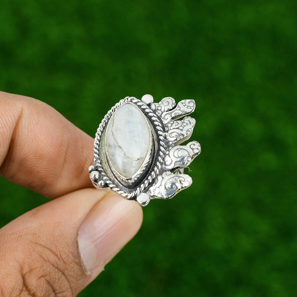 Natural Rainbow Moonstone Stackable Adjustable Ring 925 Silver For Women