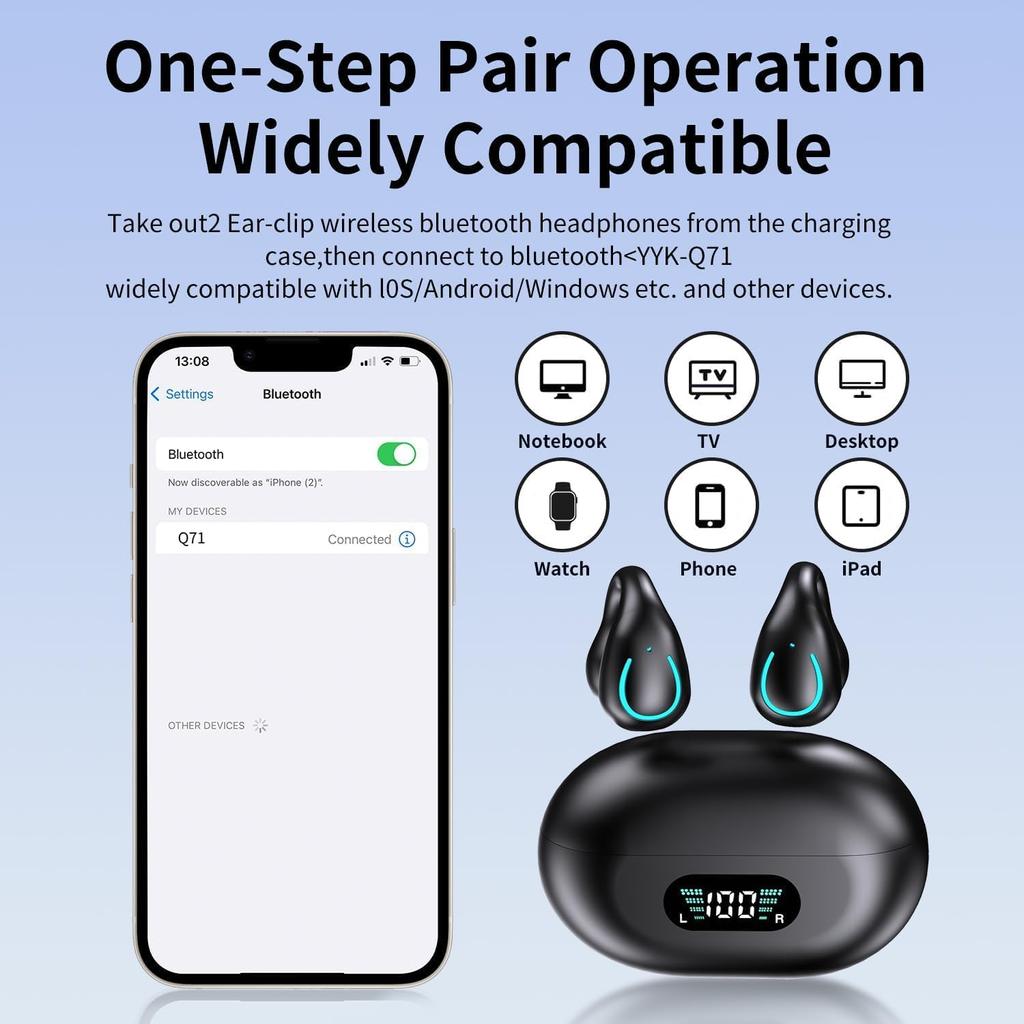 Wireless Earbuds Bone Conduction Bluetooth 5.3 Sports Earphones Built-in Microphone Earhooks Display Charging Case IPX7 Waterproof Headphones