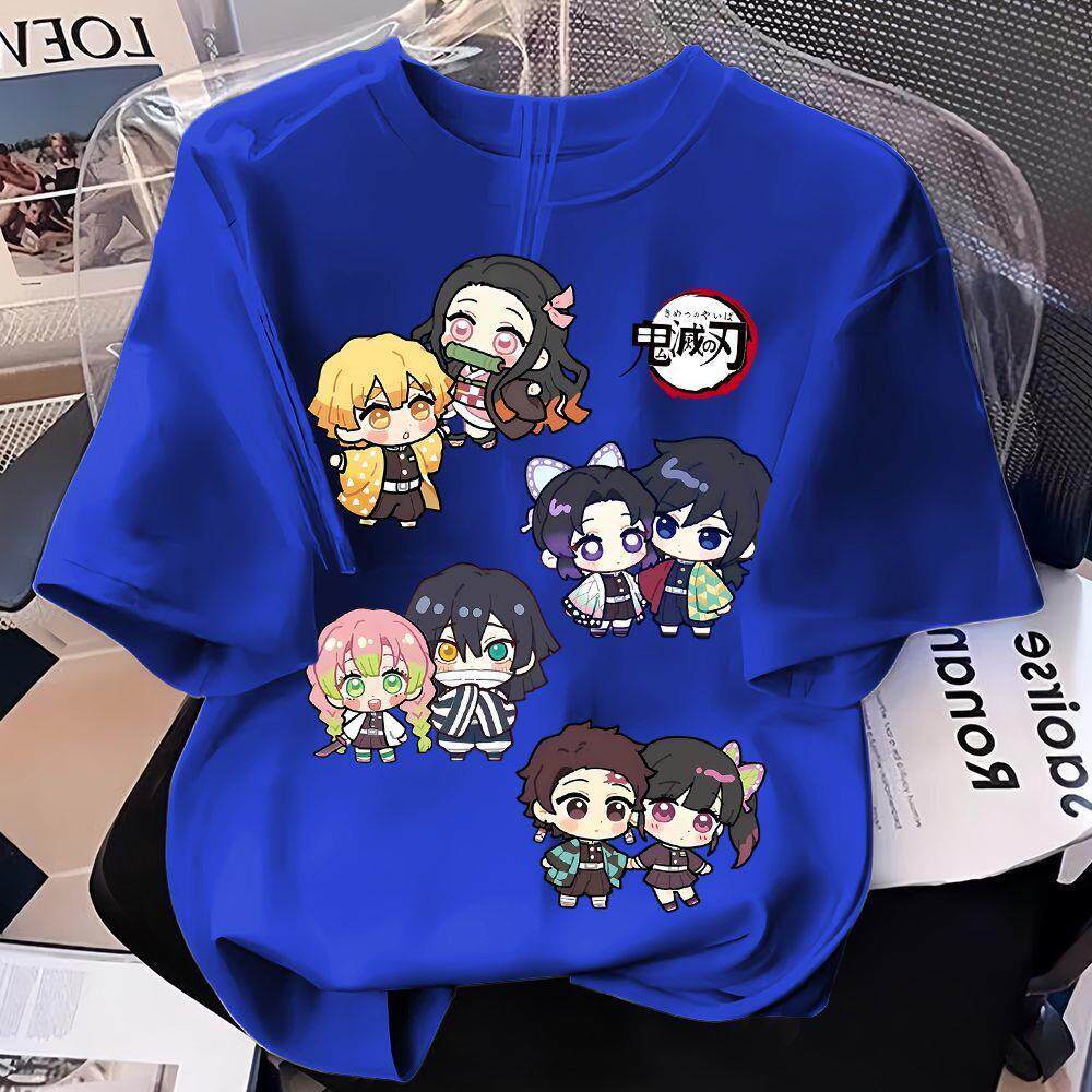 New Summer "Demon Slayer" Cartoon Print Pure Cotton Boys' and Girls' Round-neck Casual Short-sleeved Loose-fitting Shirt