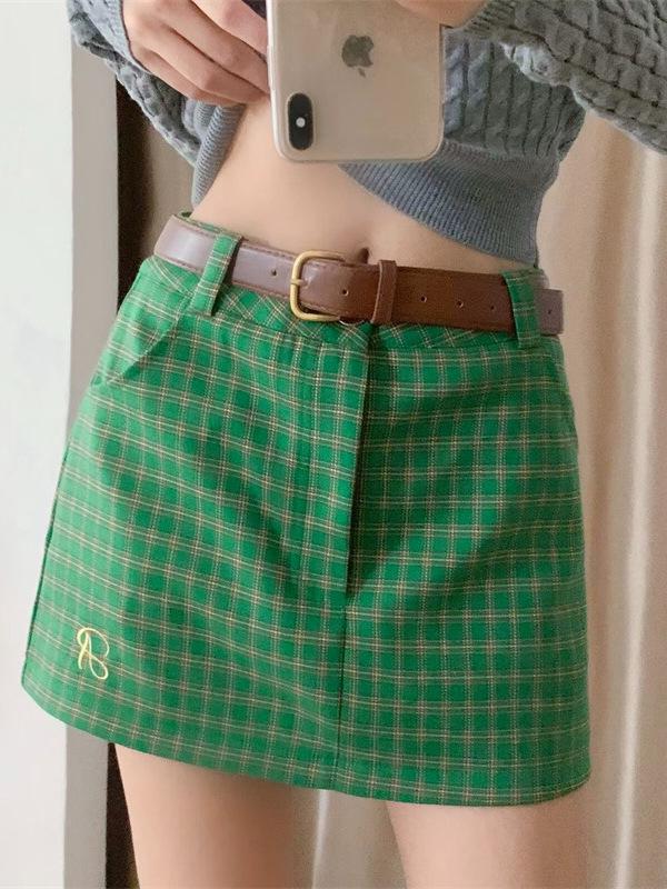 Korean Retro Plaid Short Skirt with Letter Embroidery - Women's Slimming A-line Style
