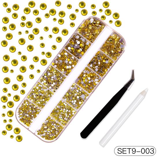 1 Set 12 Grids Nail Art Rhinestone Kit with Storage Box Drill Pen Tweezers Glass Flatback Rhinestone DIY Nail Design Crafting Decoration Fake Gems