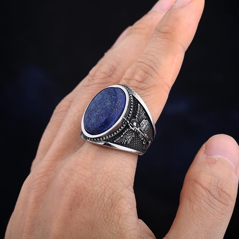 316L Stainless Steel Archangel Gabriel Sheild Ring with Stone Mens Fashion Indian Style Blue Zircon Anel Party Engagement Gift 7