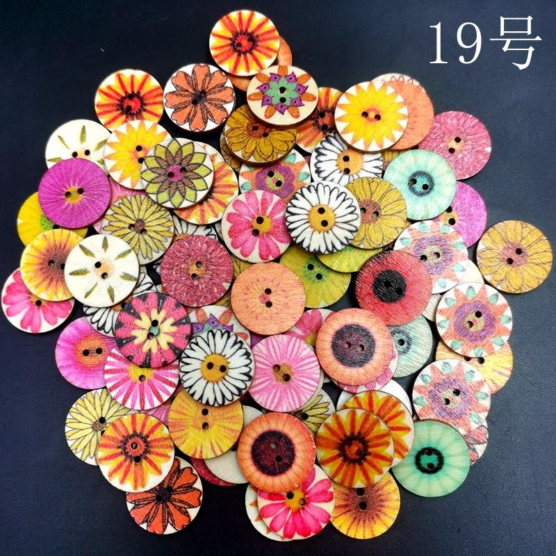 Wooden Buttons, Vintage Button Decorations, Children'S Painted Printed Diy Double-Hole Buttons, 100 Pieces Per Pack