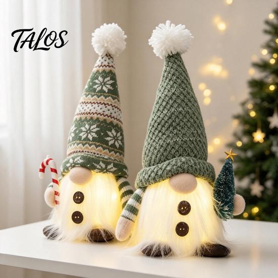 Forest Green Christmas Table Decor Lighted Gnome Decorations, Plush Dwarf Dolls with Warm Lights, Festive Mantelpiece Shelf Accents Knitted