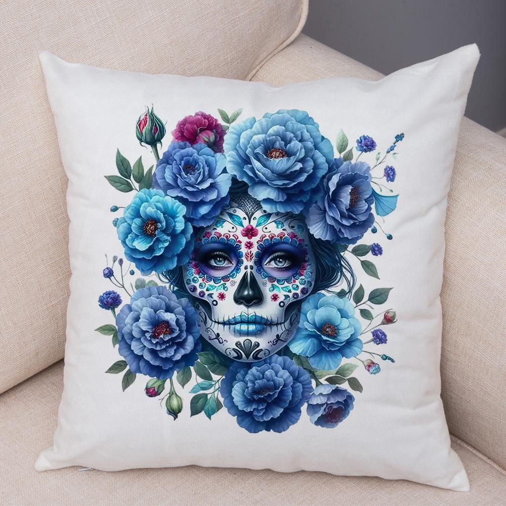 Vibrant Dahlia Sugar Skull Pillowcase Double Print Red Rose Skull Cushion Cover Soft Plush Pastel Floral Skull Pillowe Case 40x40cm
