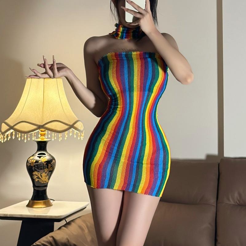 

Rainbow Stripe Knitted Hip Wrap Dress Summer Slim Fit Lingerie Scarf One size fits all