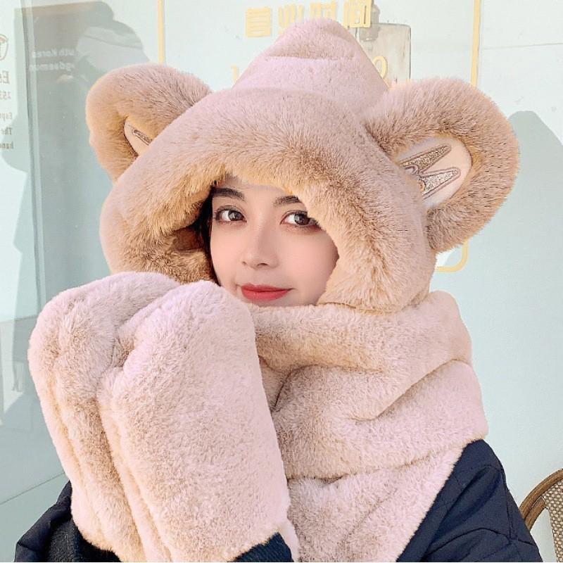 Hat female autumn and winter warm knitted wool snow hat cycling mother fashion ear protection headgear scarf integrated hat