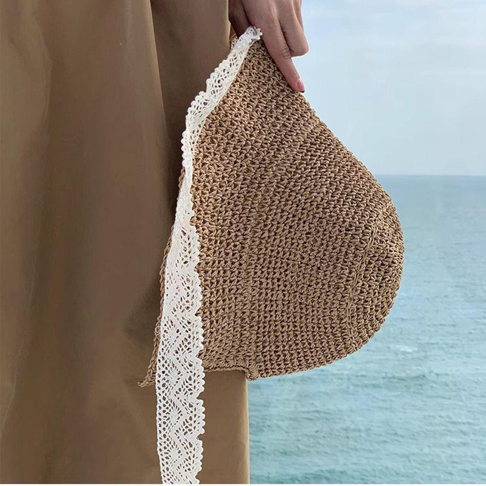 Large Edge French-style Straw Hat Wide Brim Panama Cap Handmade Beach Bucket Hat  Beach Side