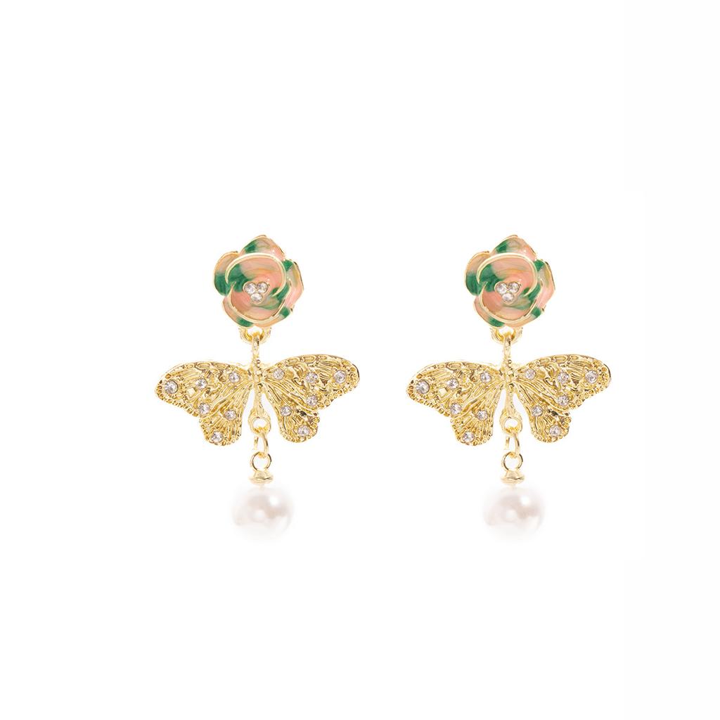 Premium Color Flower Diamond Butterfly Tassel Pearl Earrings Super Fairy Gentle Sweet Fairy Wind Earrings