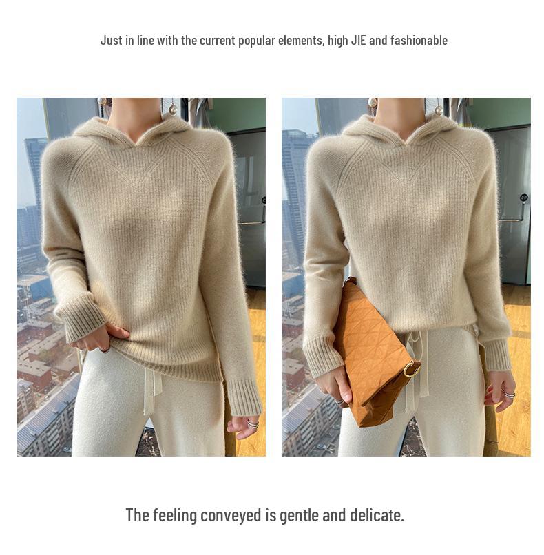 Women's Pure Wool Hooded Knit Sweater with Raglan Sleeves for Autumn and Winter