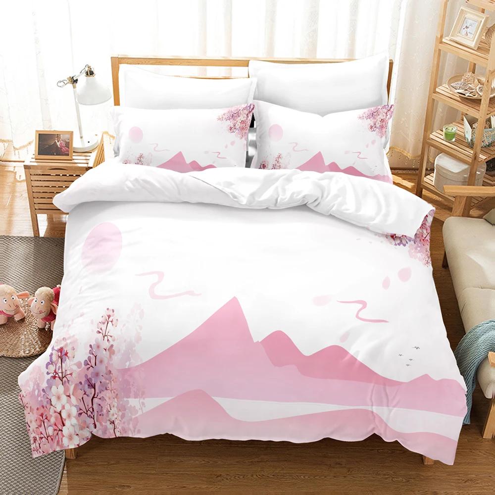 Pale Pink Duvet Cover Set Sakura Branch With Cherry Flowers Tender Japanese Spring Decorative Bedding Set King Size Green