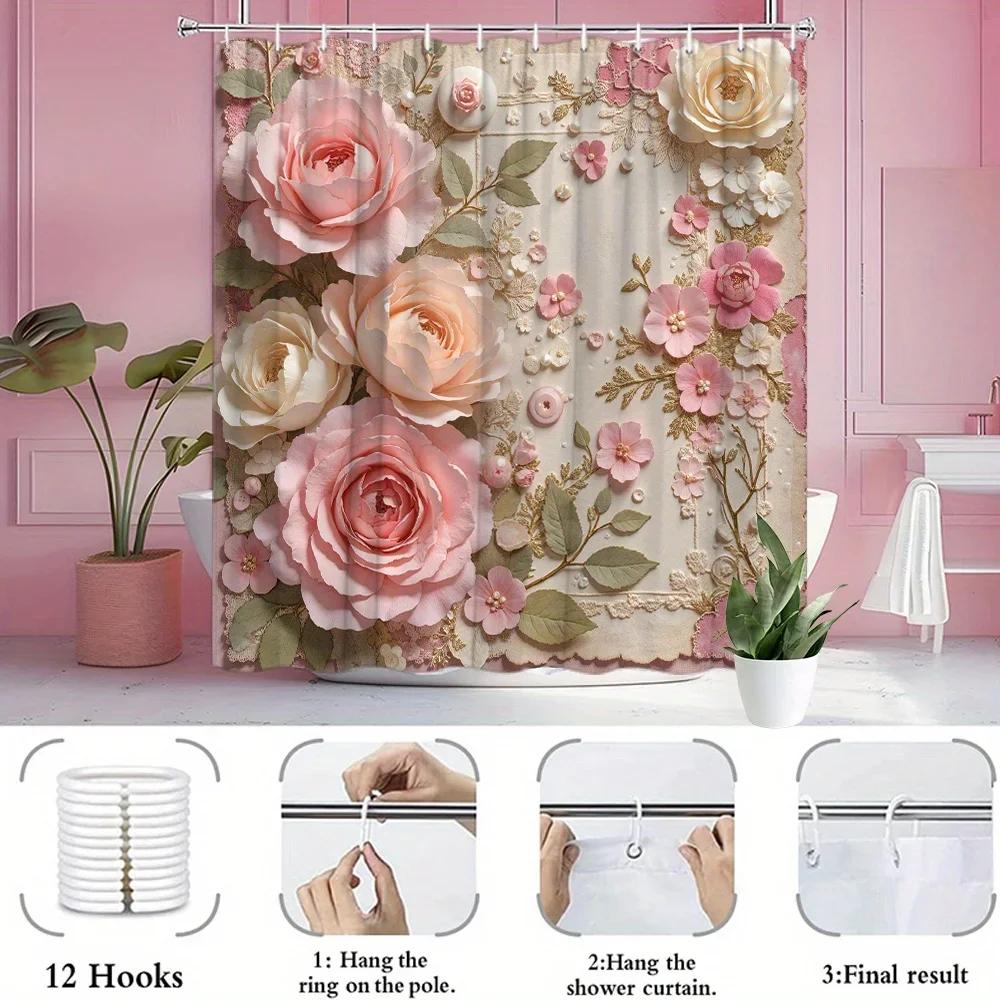 1Pc Vintage Floral Shower Curtain, Polyester Woven Fabric With Pink And Beige Roses Lace Design, Romantic Bathroom Decor, Was