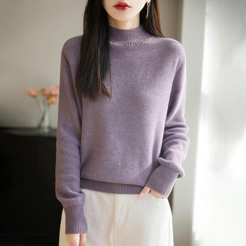 Half-neck Soft-fiber Fine-spun Wool Knitted Sweater for Women, Suitable for Autumn and Winter, Loose-fitting Base Layer Top, Sweater