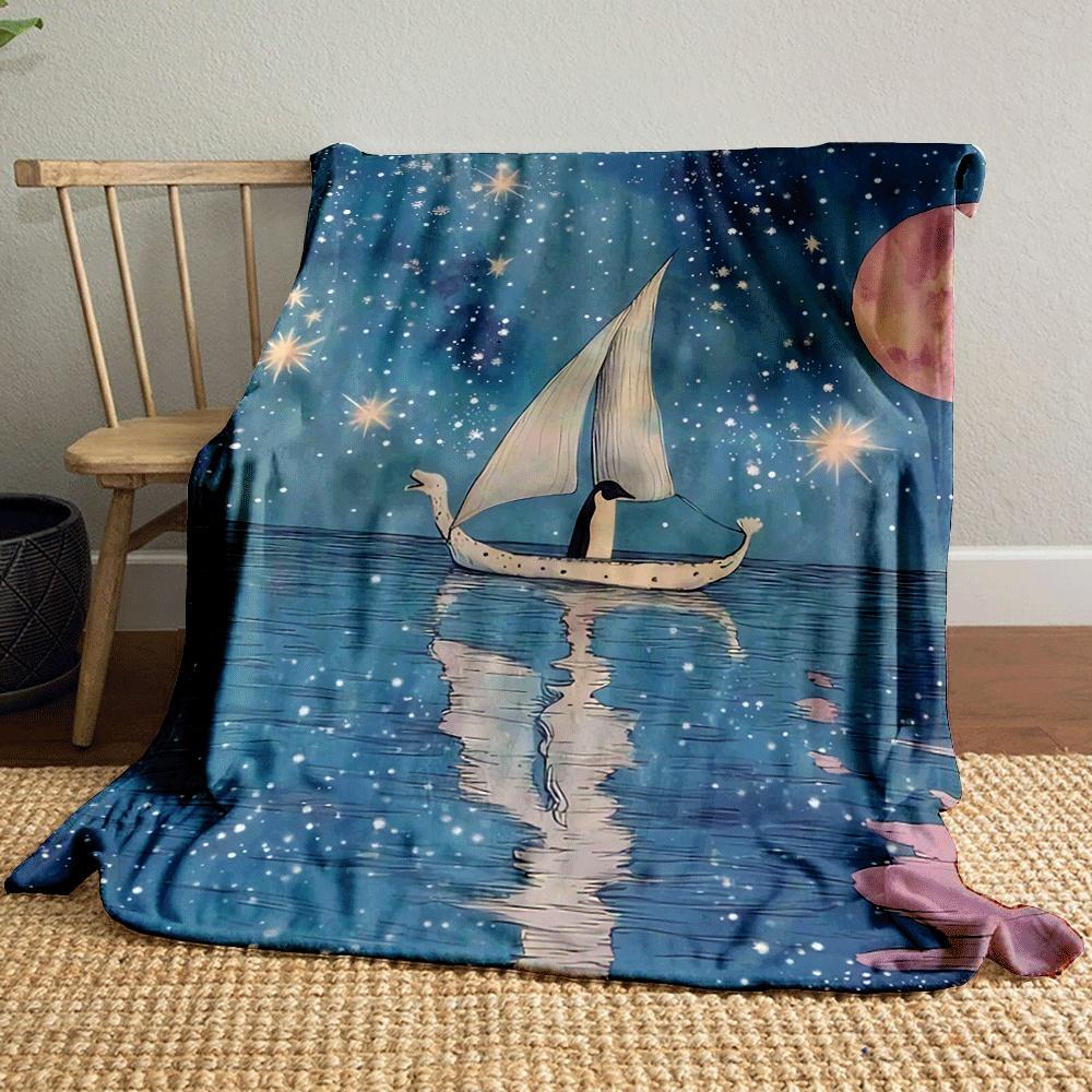 A penguin on a boat sailing beneath a starry sky and full moon. for all seasons blanket lunch break throw gift