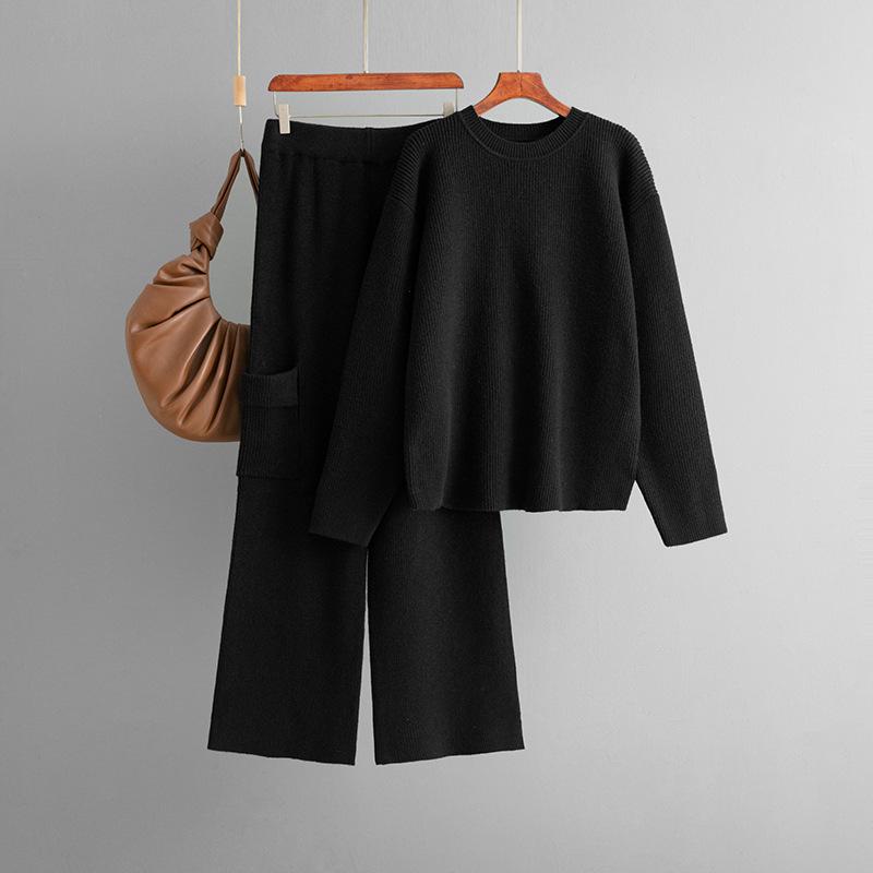 Fashion Round Neck Loose Knit Set For Women's Autumn And Winter Casual Style Wide Leg Pants Two-piece Set