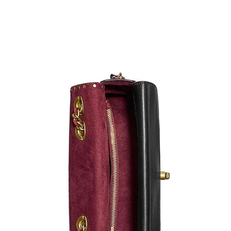 Coach Shoulder Bag Madison 24 Camellia Metal Rivets Decorated Twist Lock Flap Cow Leather and Snakeskin Envelope Crossbody Medium Size Women's Black